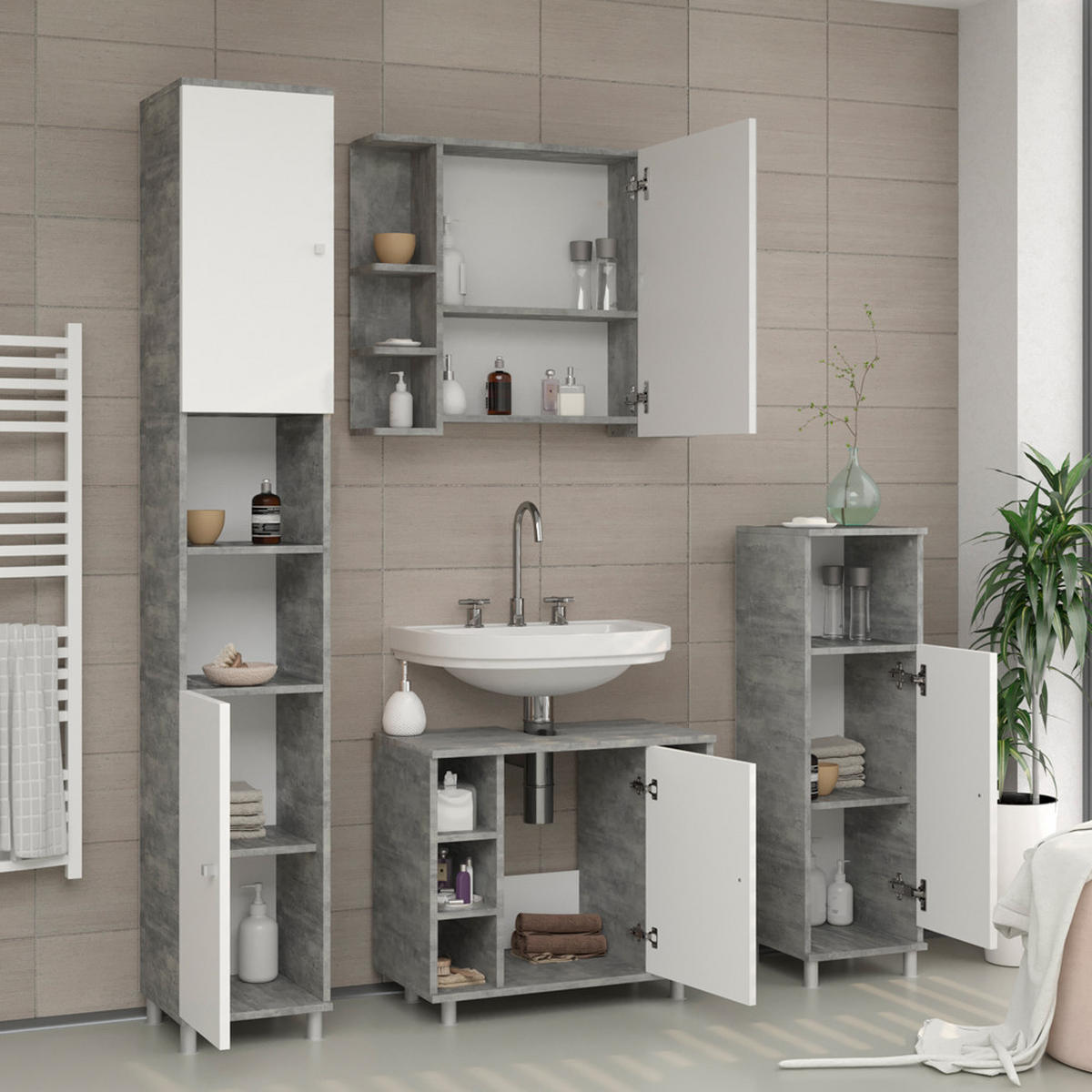 BADMÖBEL-SET Fynn Beton 2 Teile - Weiß/Grau, Holzwerkstoff (60/54/32cm) - Vicco