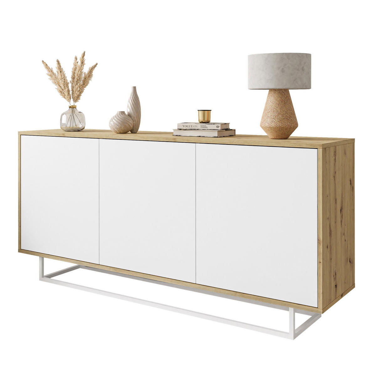 KOMMODE SANAYI II Eiche Artisan/Weiß auf weißem Gestell - Weiß, Holzwerkstoff (153.9/75/39.6cm) - Lookway