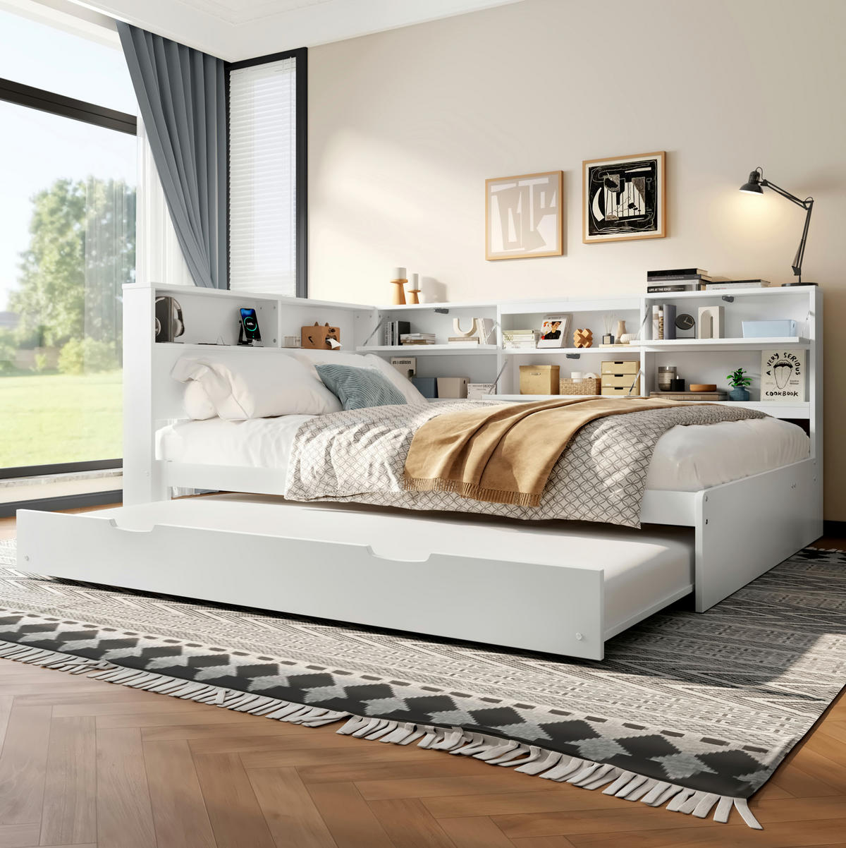 TAGESBETT 140/200 cm mit Ausziehbett, Stauraum-Kopfteil und USB-/USB-C-Anschluss, Weiß - Weiß, Holzwerkstoff (140/200cm) - Redom