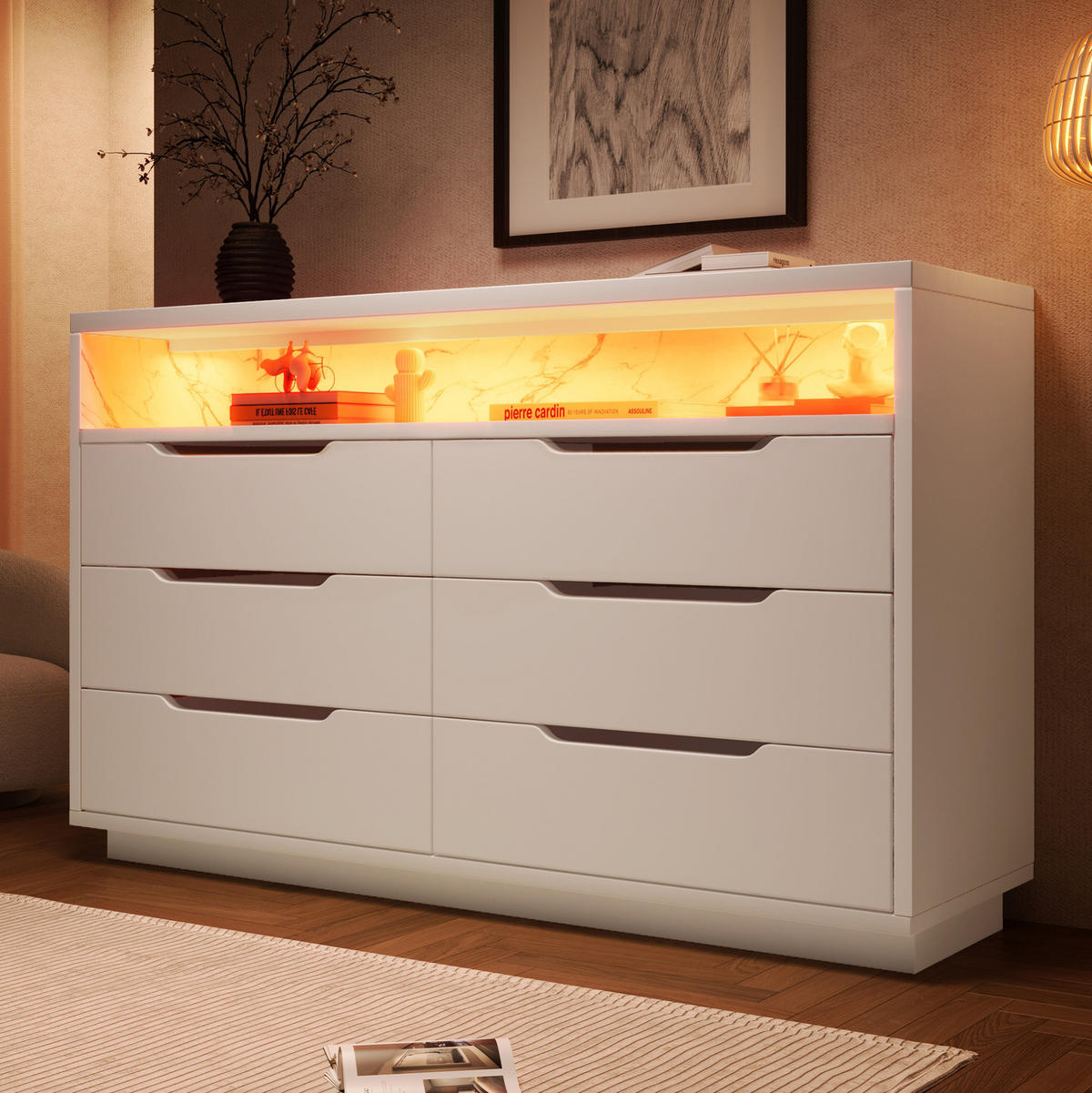 SIDEBOARD 120/40/85 cm in Weiß mit LED-Beleuchtung und 6 Schubladen - Weiß, Holzwerkstoff (120/85/40cm) - Flora Grace