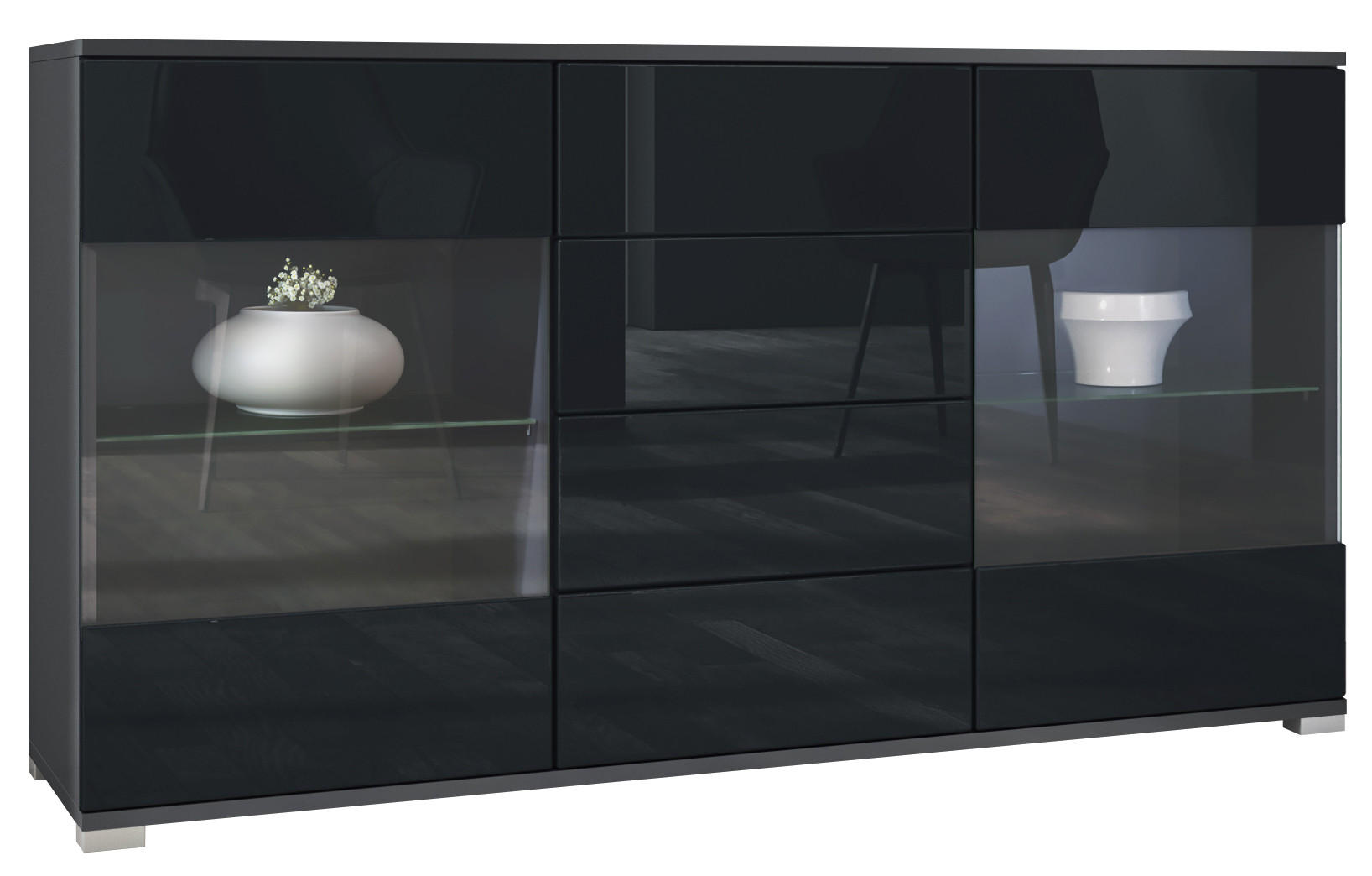 Vladon Sideboard Schwarz Hochglanz 138.5x75.5x35 cm