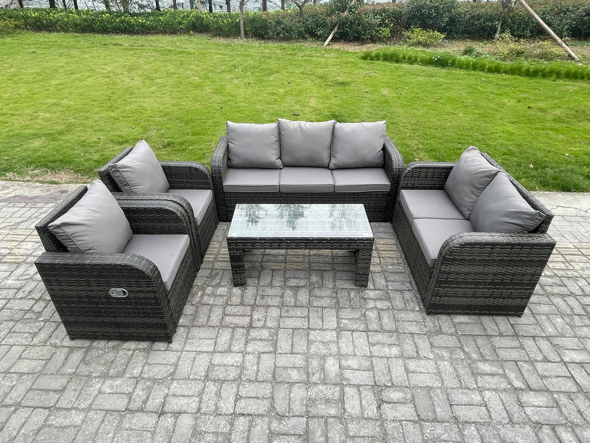 GARTENMÖBEL SET mit Sofa Polyrattan 7-Sitzer Dunkelgrau - Dunkelgrau/Grau, Glas/Kunststoff - Fimous