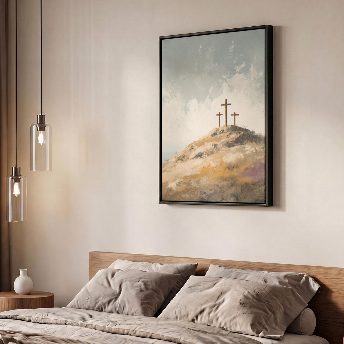 LEINWAND Bilder mit Rahmen - Hügel - Abstrakt - Christentum - Kreuz - 60x80 - Hellgrau, Textil (60/80cm) - MuchoWow