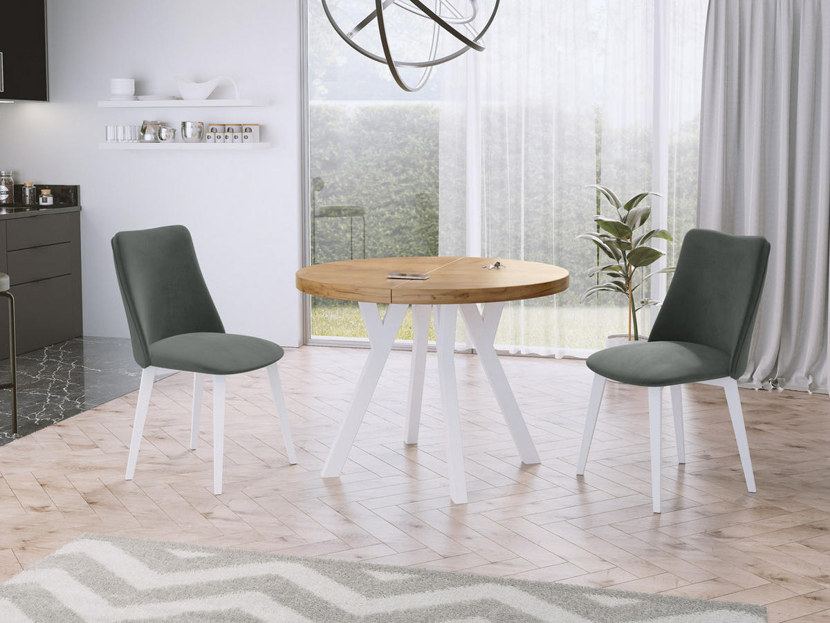 ESSTISCH Twixy runder ausziehbarer, Wotan Eiche 90-170/90/76 cm - Eiche Wotan/Weiß, Holz/Holzwerkstoff (90/90/76cm) - WFL GROUP