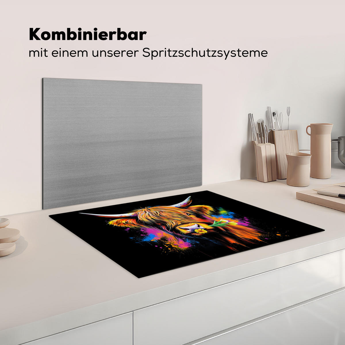 HERDABDECKPLATTE Schottischer Highlander - Graffiti - Bunt - Blume - Tiere Herdabdeckung Induktionsfeld 70x52 cm - Multicolor, Kunststoff (70/52/0.2cm) - MuchoWow