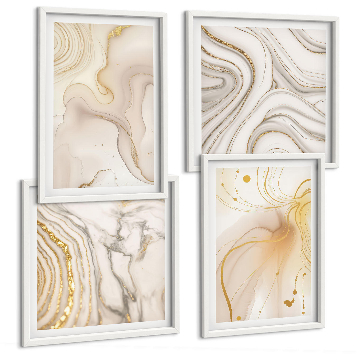 BILDER SET 4er Set - 50x50 cm & 40x60 cm Weißer Rahmen - Subtile abstrakte Muster - Weiß, Kunststoff (50/50cm) - TULUP