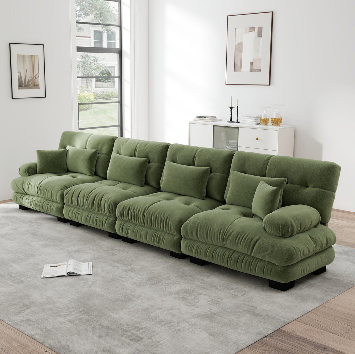 ECKSOFA 406/77/81 cm 4-Sitzer grün aus Chenille mit modularem Tiefensitz - Grün, Textil (77/406cm) - OKWISH