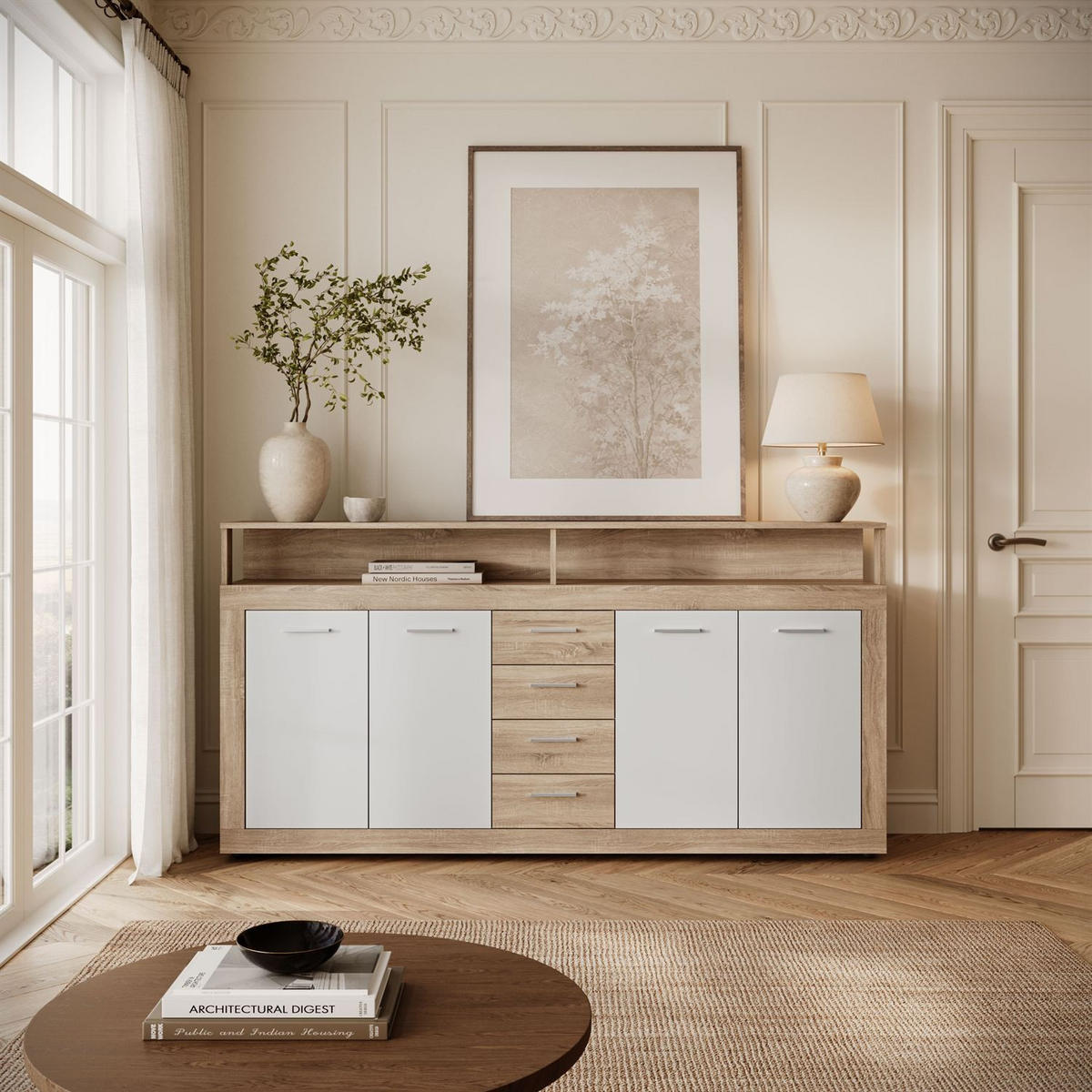 KOMMODE ROMANO mit Schubladen - Eichefarben/Weiß, Holzwerkstoff (190/96/32cm) - Lookway