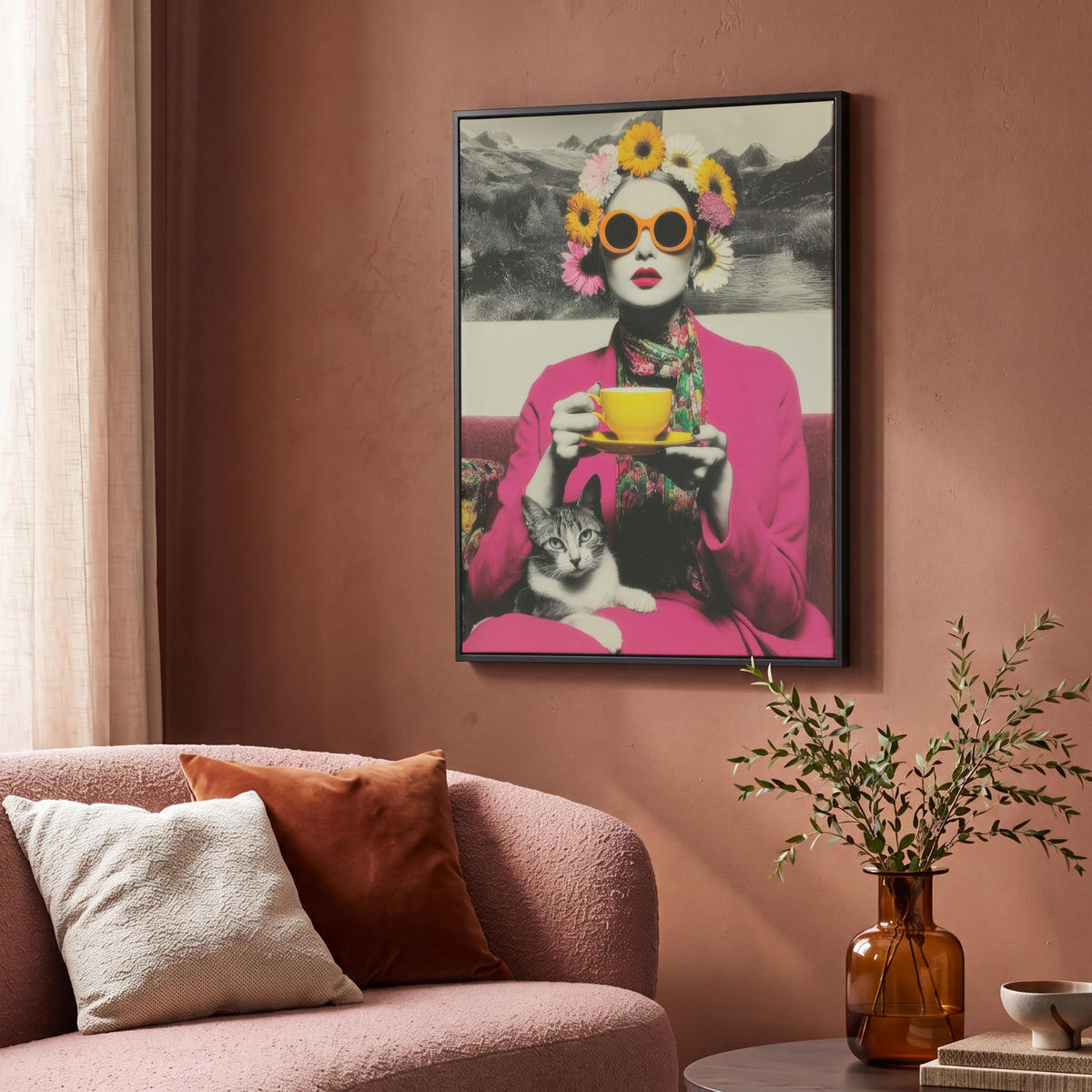 LEINWAND Bilder mit Rahmen - Frau - Katze - Blumen - Tasse - Retro - 70x100 - Magenta, Textil (70/100cm) - MuchoWow