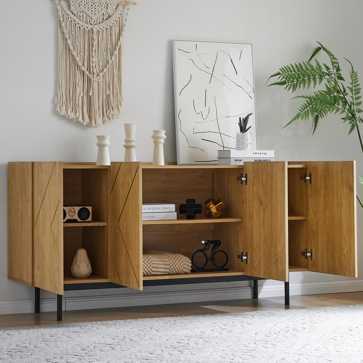 SIDEBOARD in Naturfarben Kommode mit 4 Türen Metall Inlay Kommode Anrichte für Wohnzimmer Flur ,B160/T40/H78cm - Schwarz/Naturfarben, Holzwerkstoff/Metall (160/78/40cm) - STILVORA