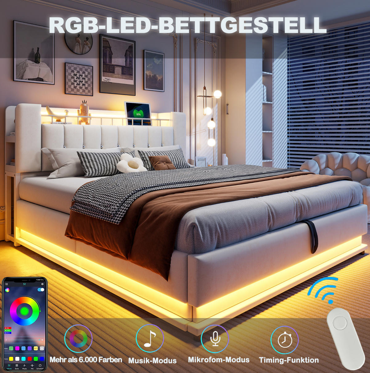 ČALÚNENÁ posteľ 180/200 cm s LED osvetlením, USB portami a hydraulickým úložným priestorom, Béžová - béžová, textil (180/200cm) - Redom