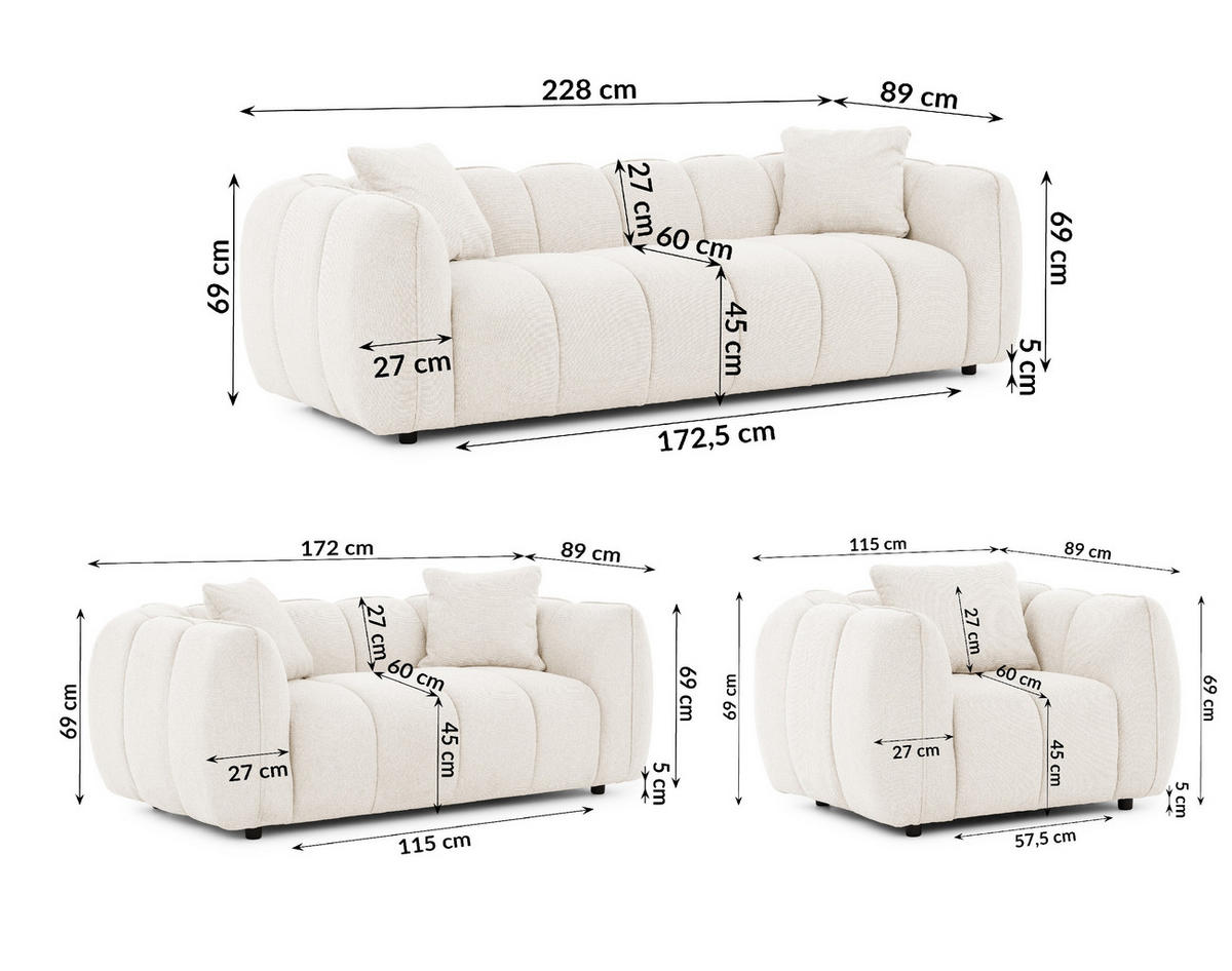 SEDACIA ZOSTAVA 3+2+1 Nubira v hlboko prešívanom dizajne Bubble z mäkkej štruktúrovanej látky v krémovej farbe v modernom dizajne - čierna/krémová, drevo/textil (228/69/89cm) - S-Style