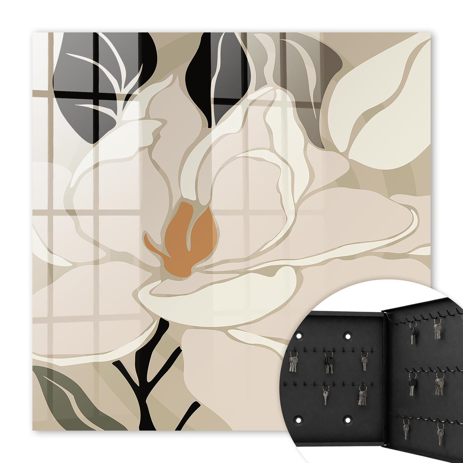 SCHLÜSSELBOX Schwarz 30x30 cm- Türöffnung nach rechts - Pflanzeneleganz - Beige, Metall (30/30/5cm) - TULUP