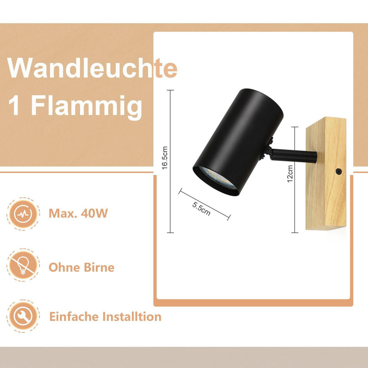 WANDLEUCHTE Blick - Schwarz, Holzwerkstoff (6/17/13cm) - Nettlife
