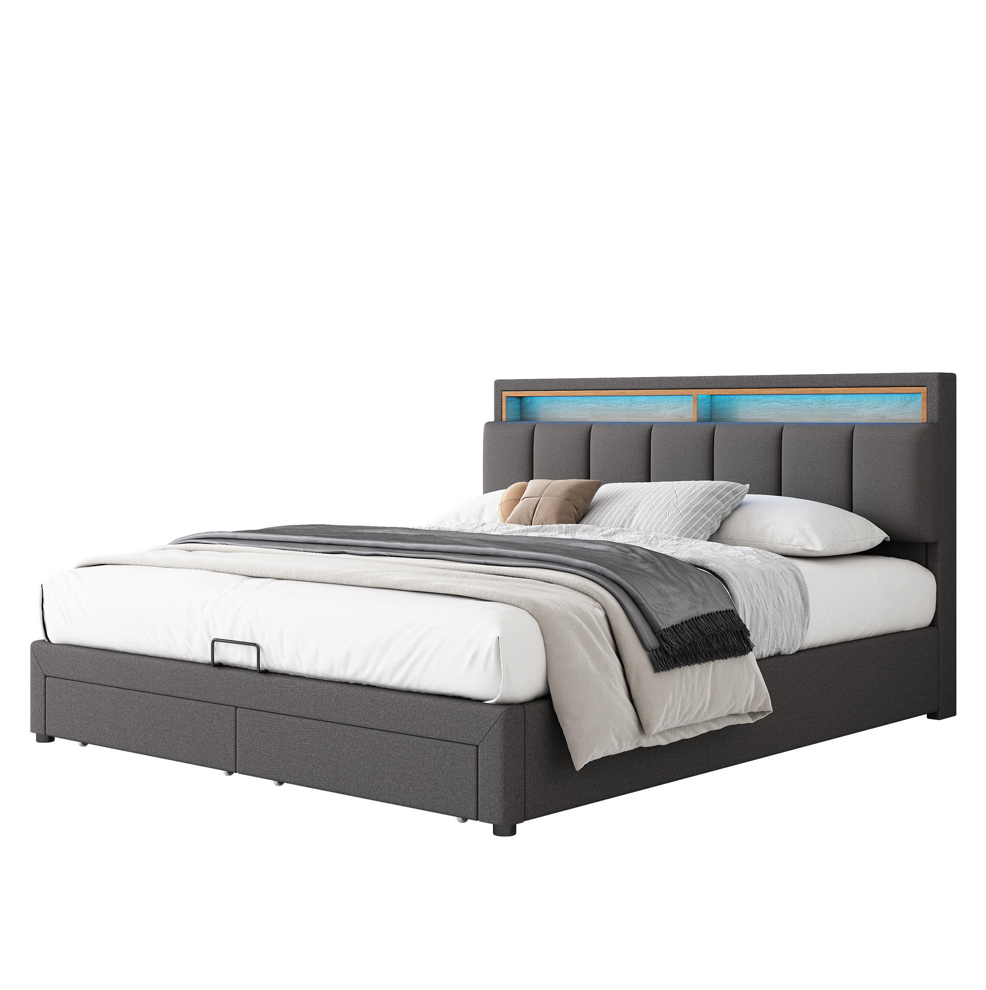POLSTERBETT 180/200 cm mit LED-Beleuchtung, Lattenrost und Bettkasten, Dunkelgrau - Dunkelgrau, Textil (180/200cm) - Redom
