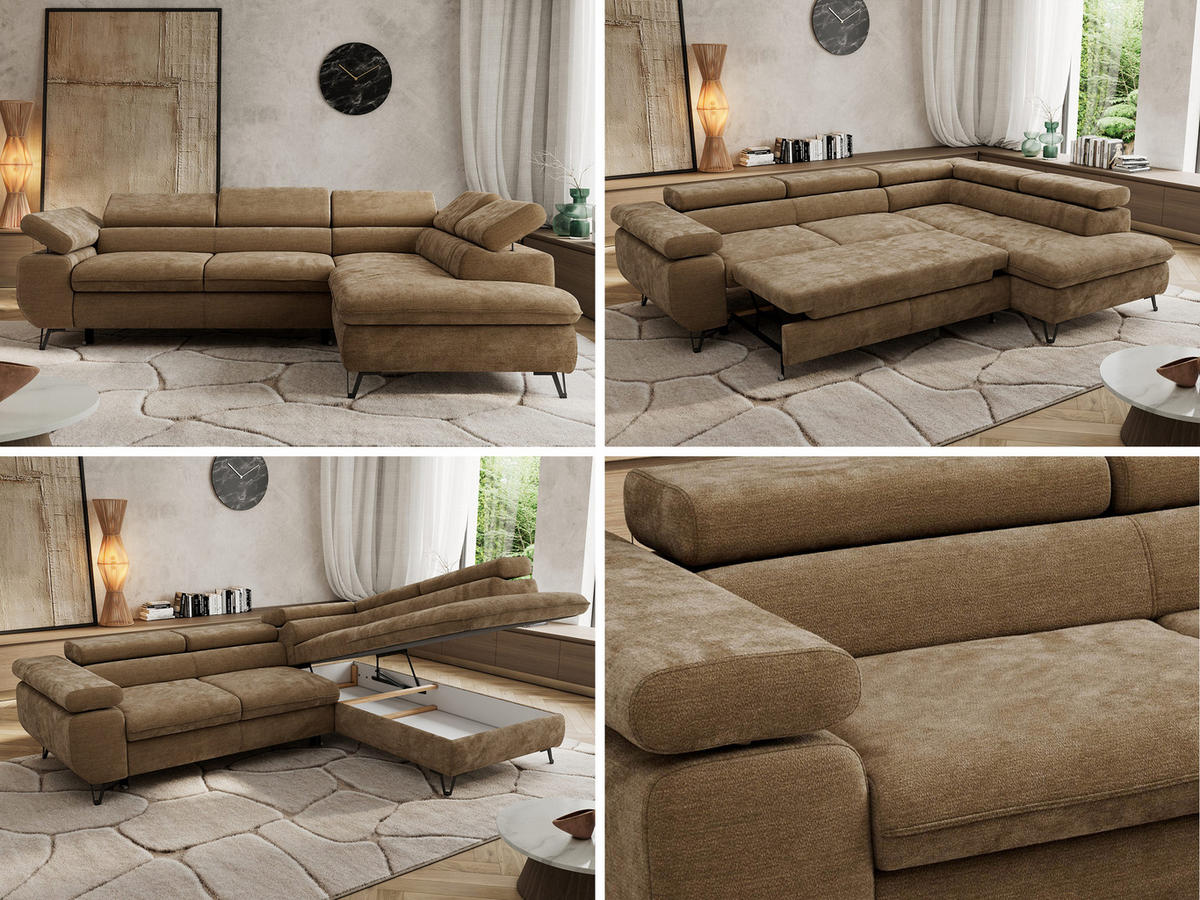 ECKSOFA PABLO L Braun Schenille glatt - Rechts Seite mit Visco Topper - Schwarz/Braun, Textil/Metall (273/208cm) - MKS