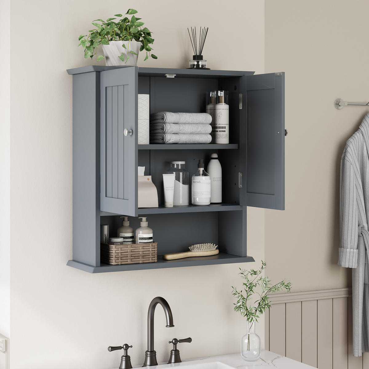KÜCHENOBERSCHRANK 54,6/19,8/60 cm mit 2 Türen, verstellbarem Einlegeboden und offenen Fächern, Hellgrau - Hellgrau, Holzwerkstoff (54.6/60/19.8cm) - Redom