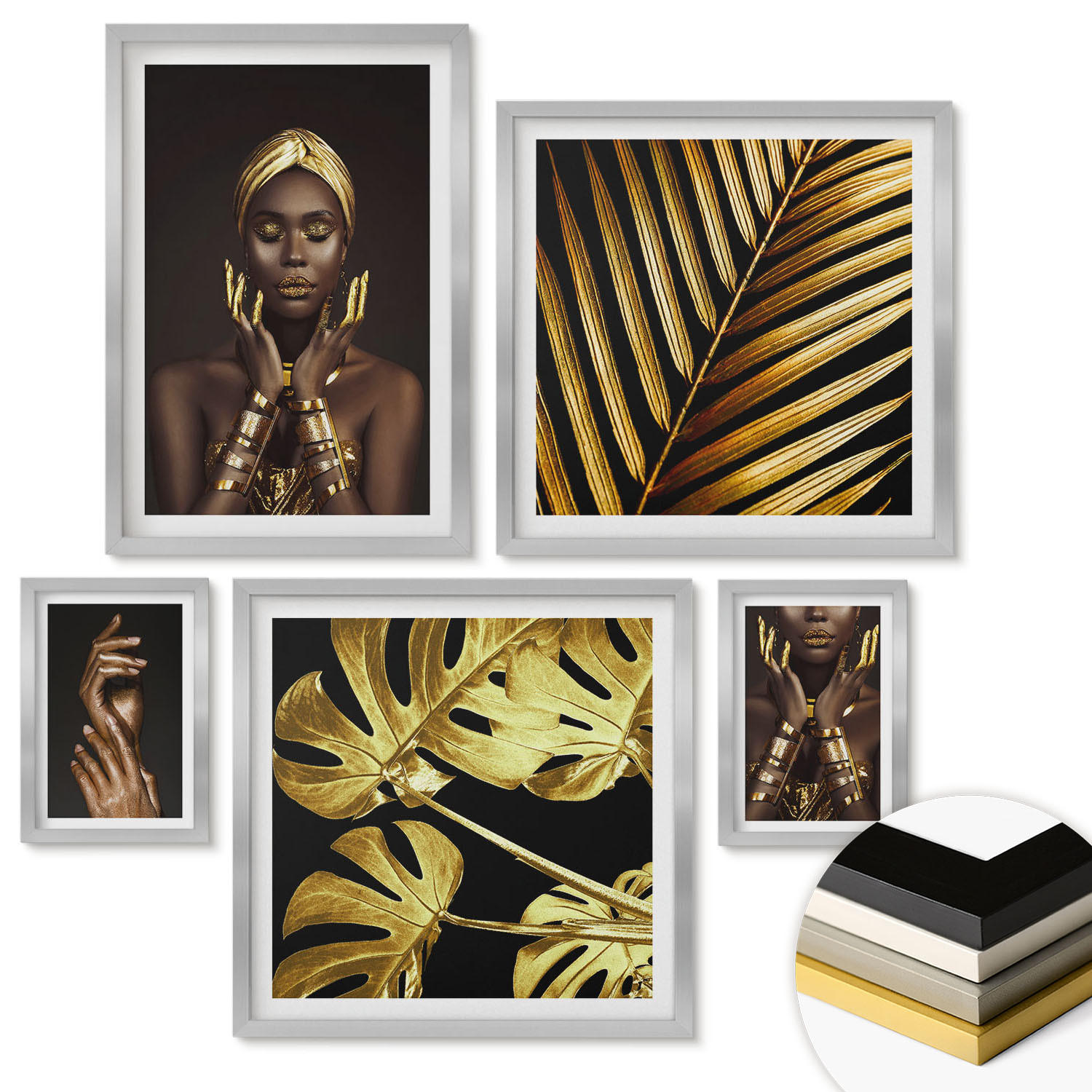 WANDBILDER 5er Set - 50x50 cm & 20x30 cm & 40x60 cm Silberner Rahmen - Künstlerische Porträts von Frauen - Silberfarben, Kunststoff (40/60cm) - ArtPrintCave