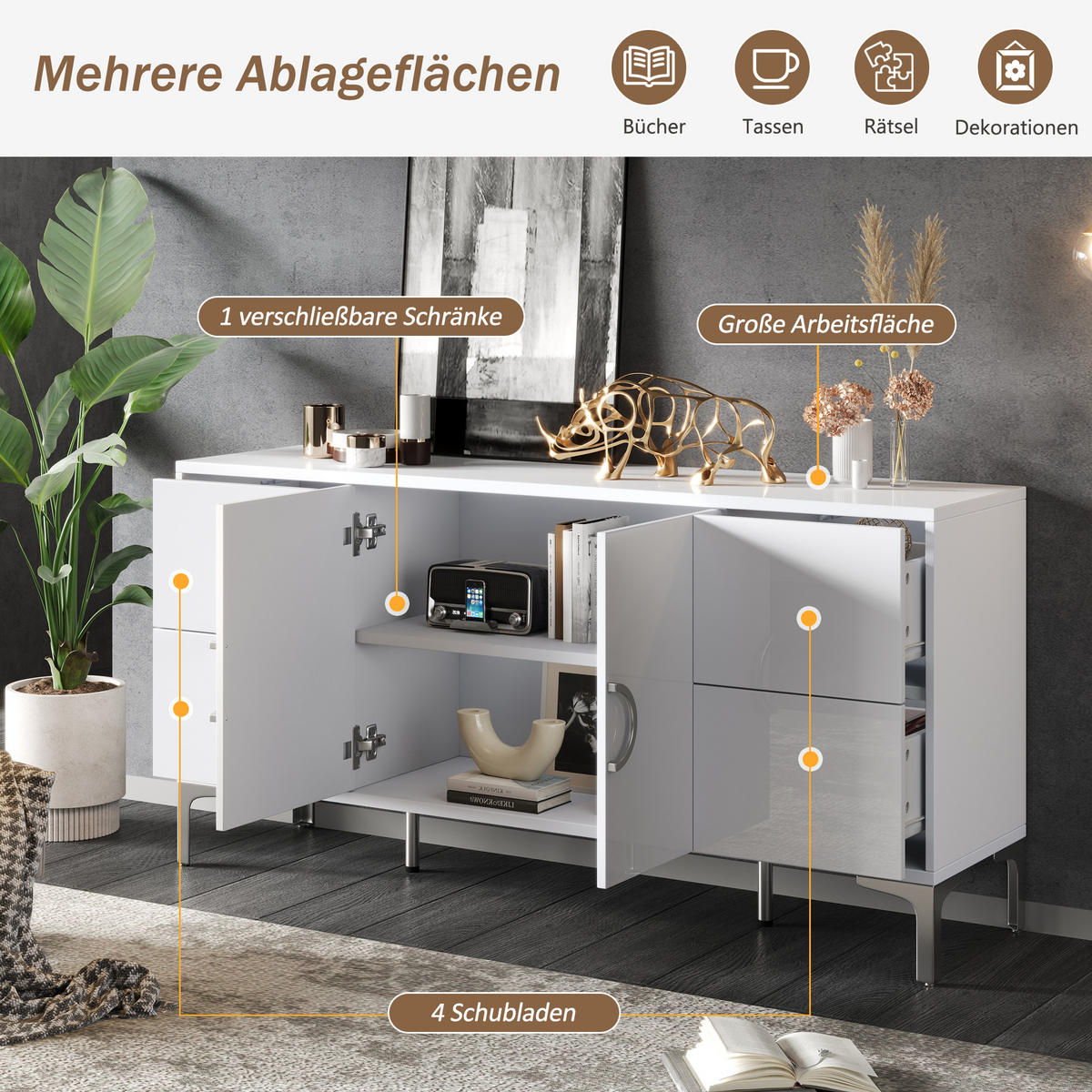 SIDEBOARD 150/38/59,5 cm Weiß aus MDF mit 4 Schubladen - Weiß, Holzwerkstoff (150/59.5/38cm) - OKWISH