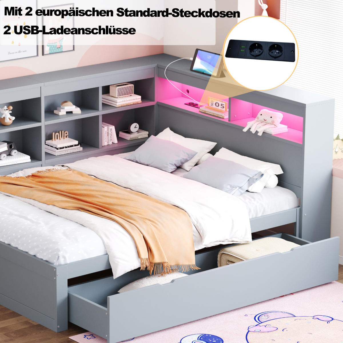 MULTIFUNKTIONSBETT LED-Massivholzsofa 140/200 cm Grau mit Stauraum USB-Anschluss - Grau, Holz (140/200cm) - OKWISH