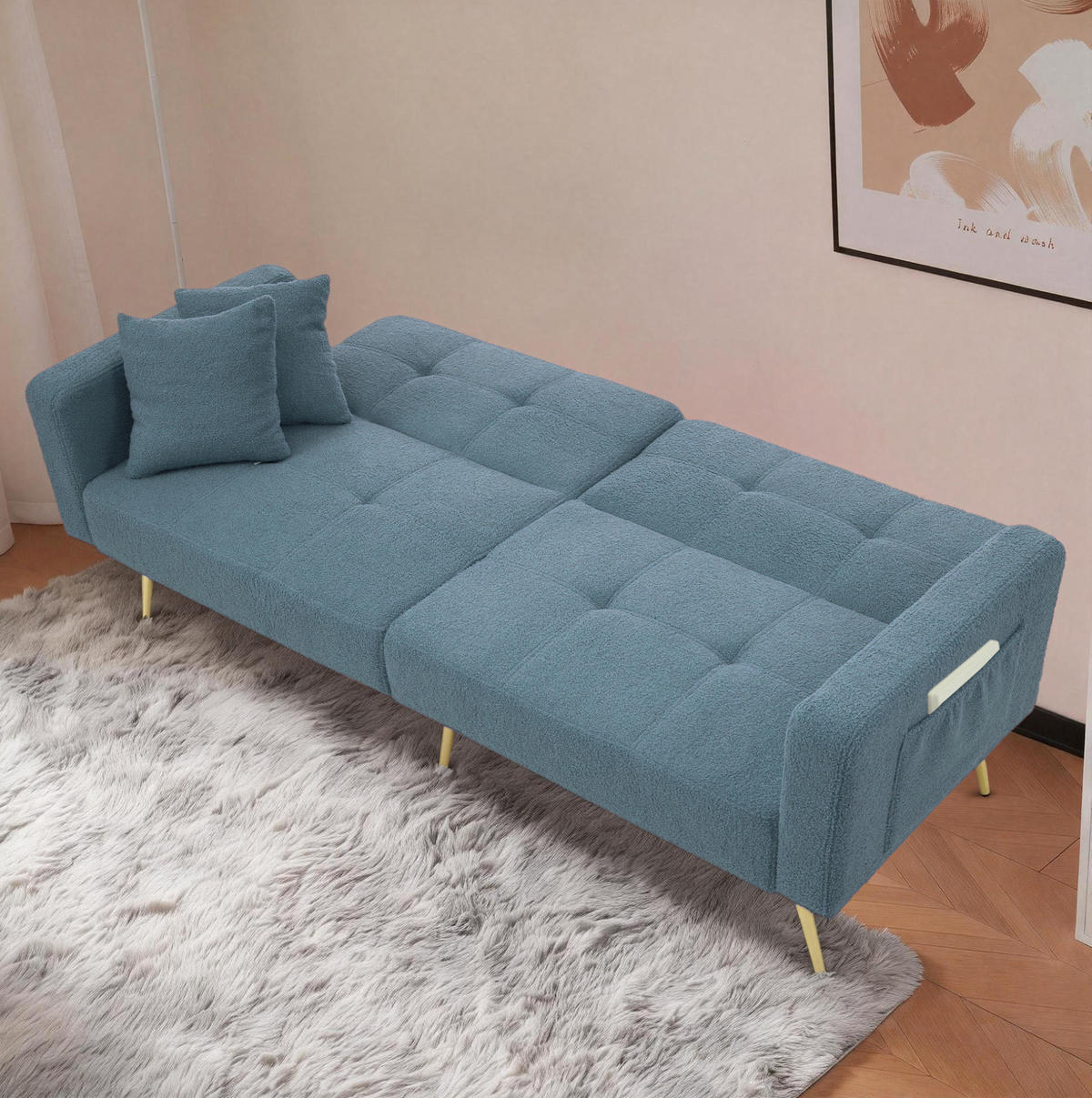 SCHLAFSOFA aus Lammwollstoff 175x64x72 cm in Antikblau mit Bettfunktion - Blau, Textil (175/72/64cm) - Modfu