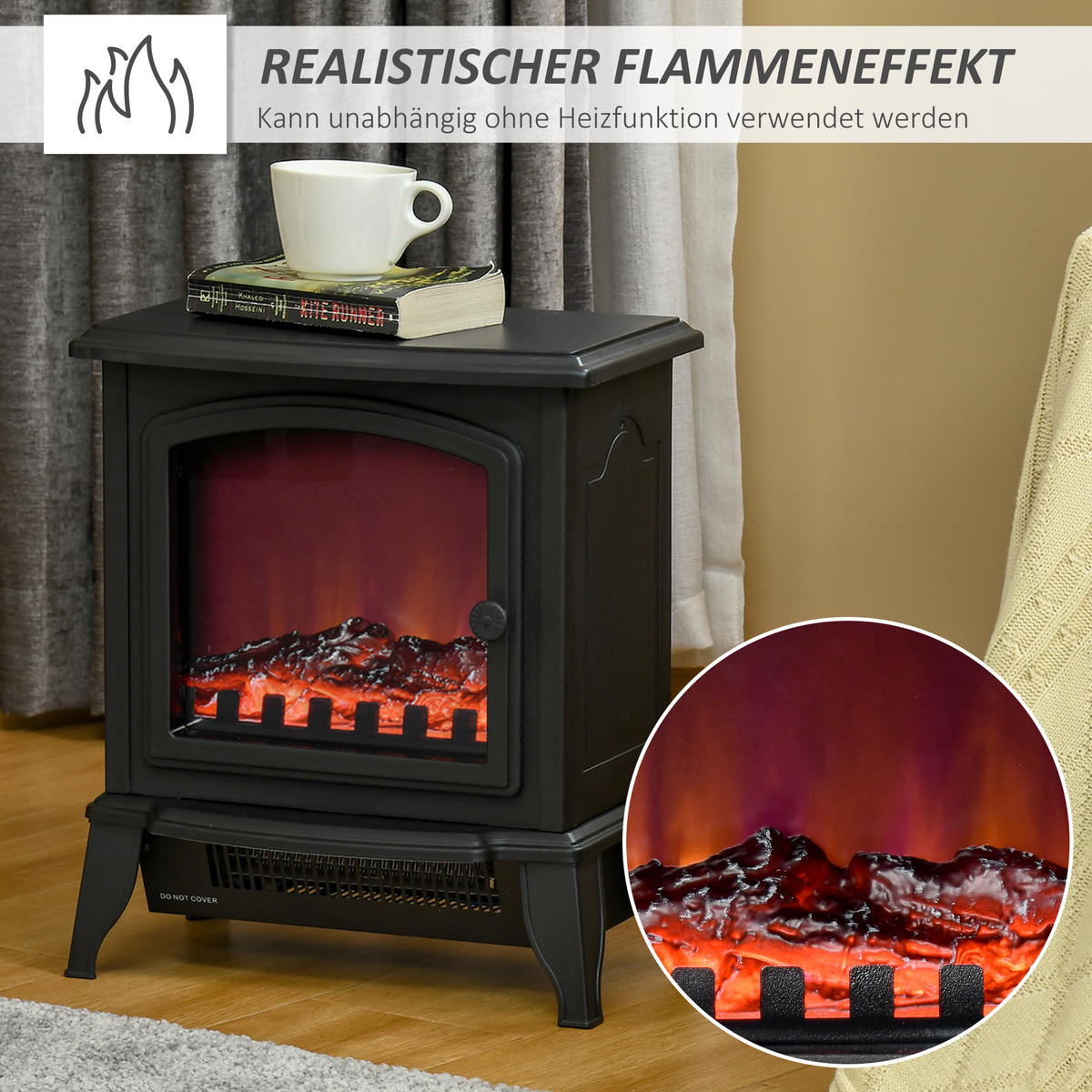 ELEKTROKAMIN, Standkamin mit LED-Flammeneffekt, 2000W Kaminofen, Metall, Schwarz - Schwarz, Kunststoff (24/45.5/36.5cm) - HOMCOM