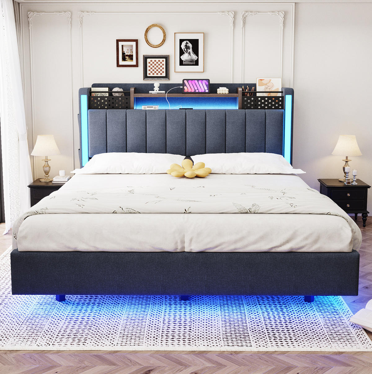 POLSTERBETT 140/200 cm mit LED-Beleuchtung, USB-Anschluss und Kopfteil mit Stauraum, Grau - Grau, Textil (140/200cm) - Redom