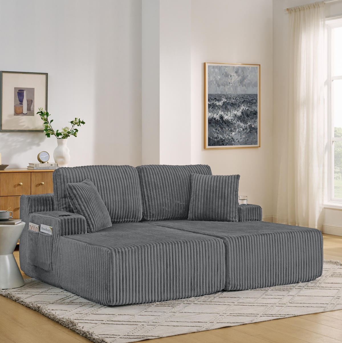 SCHLAFSOFA aus Kordstoff und Schaumstoff Grau mit Getränkehalter, Seitentasche und abnehmbaren Kissen - Grau, Kunststoff (186/78/154cm) - Modfu
