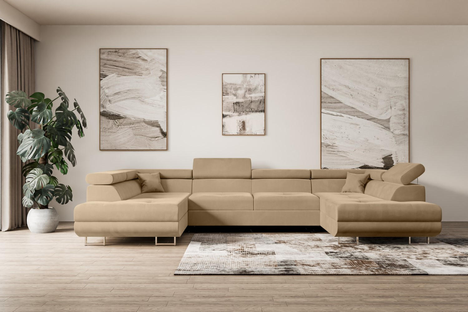 WOHNLANDSCHAFT mit Schlaffunktion und Bettkasten GUSA-U 342x202x107 cm Beige Velours - Beige/Silberfarben, Holzwerkstoff/Textil (342/107/202cm) - ALTDECOR