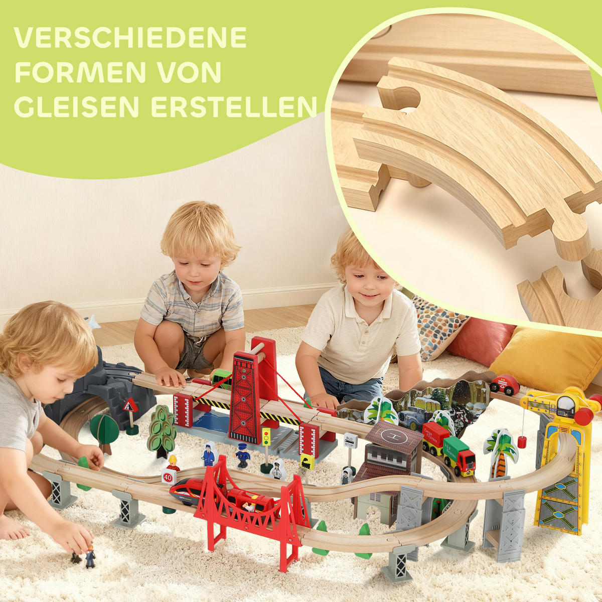 100 Stücke Holzeisenbahn-Set Buchenholz Kunststoff Naturholz - Multicolor, Holz (60/27.5/118cm) - AIYAPLAY