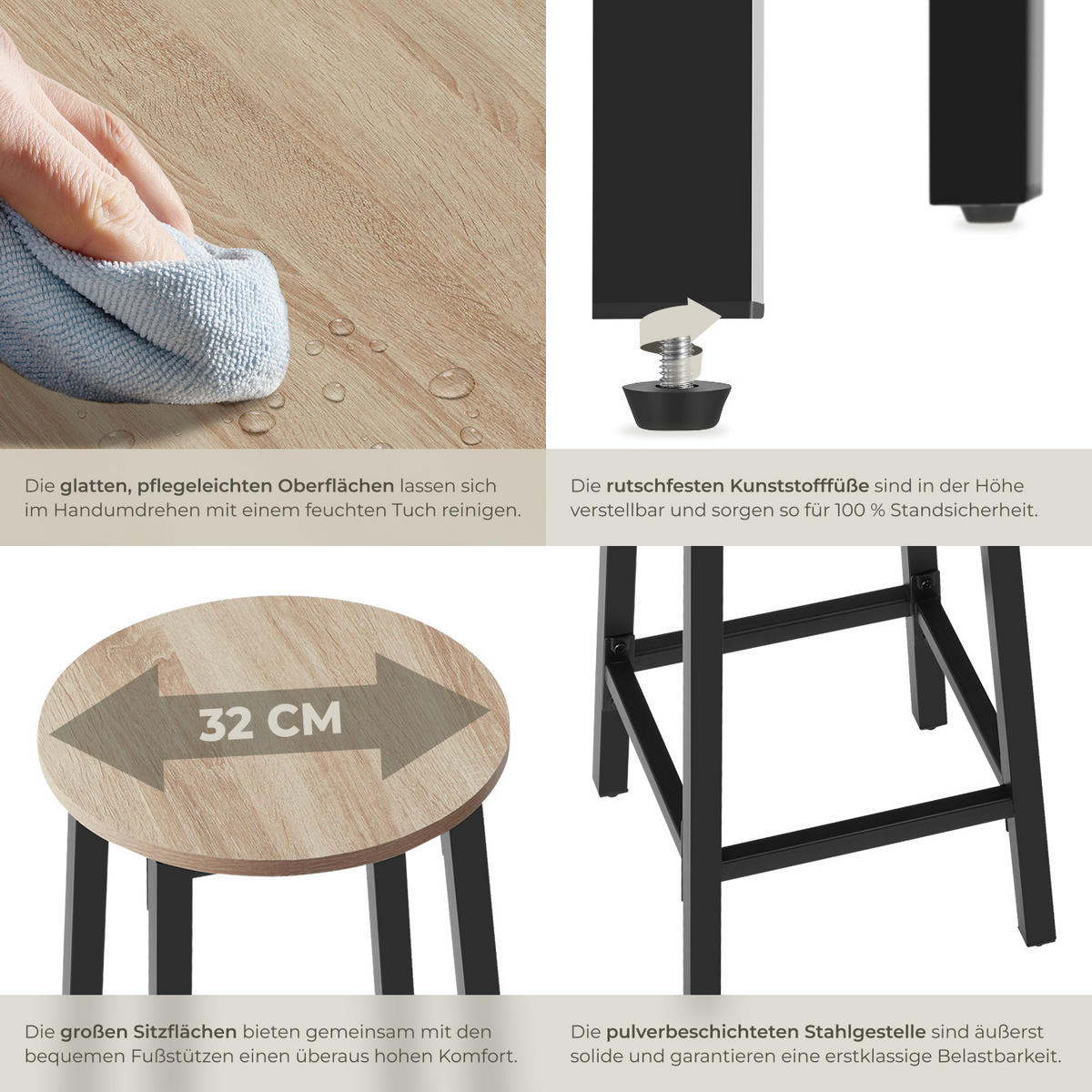 BARHOCKER 2er Set Corby,Sitzhöhe 66 cm,Industrial Holz hell - Naturfarben, Holz (32/66/32cm) - tectake