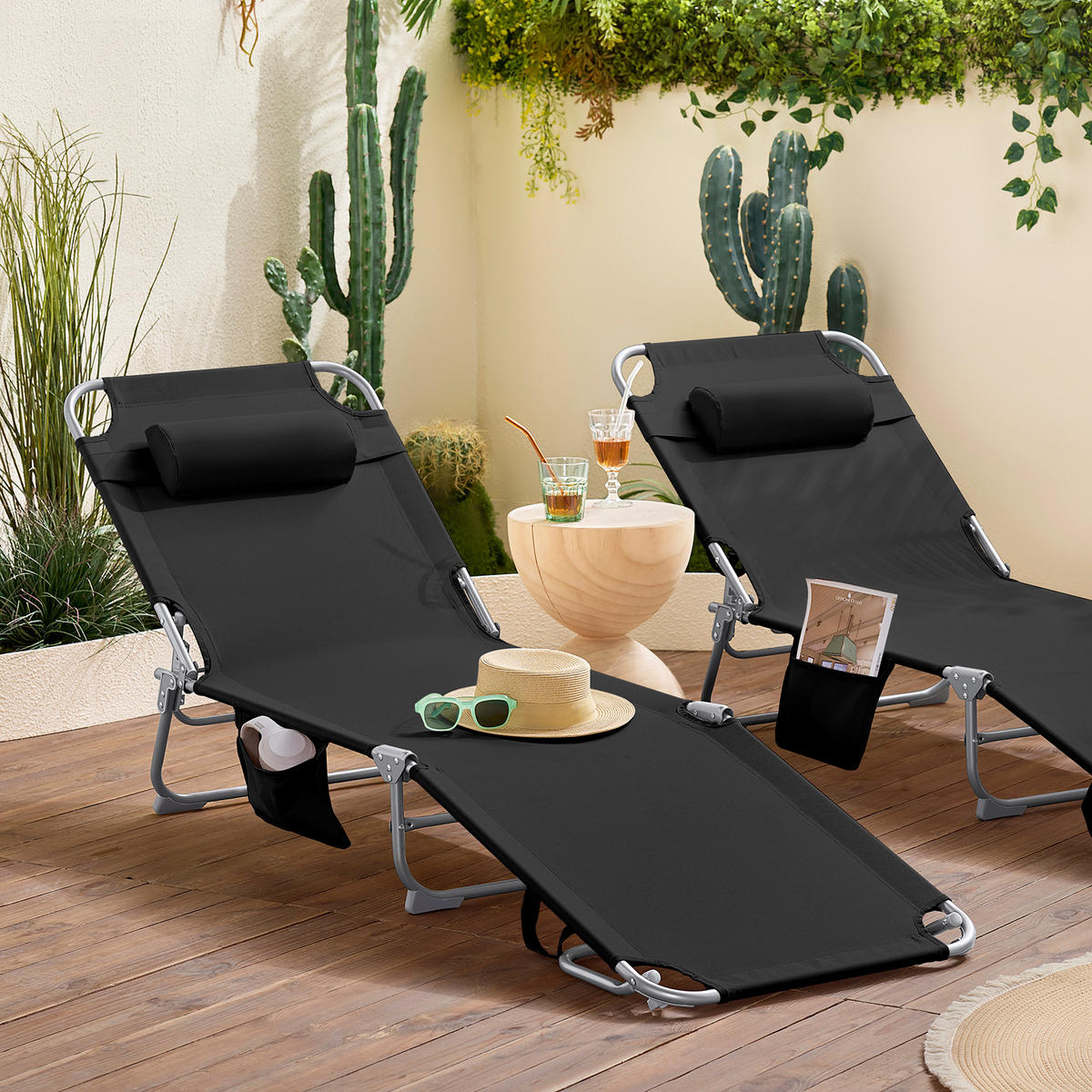 SONNENLIEGE 2er Set Schwarz - Schwarz, Textil/Metall (195/58/63cm) - SoBuy