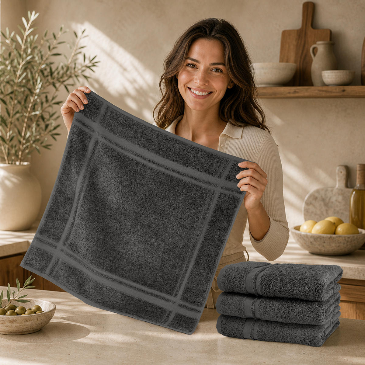 FROTTEE Küchenhandtücher 50x50 cm, 4er Set, Anthrazit Grau - Anthrazit, Textil (50/50cm) - Lashuma