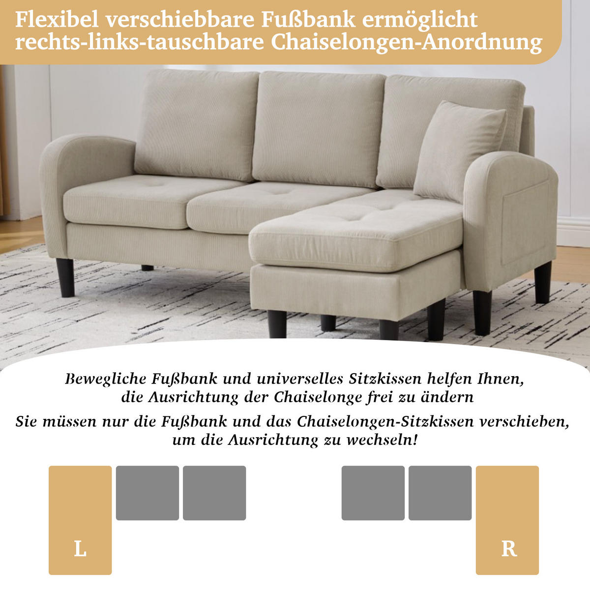 ECKSOFA Cordbezug mit modularer Chaiselongue Hellbraun 166/118/77 cm - Hellbraun, Textil (166/118cm) - Redom