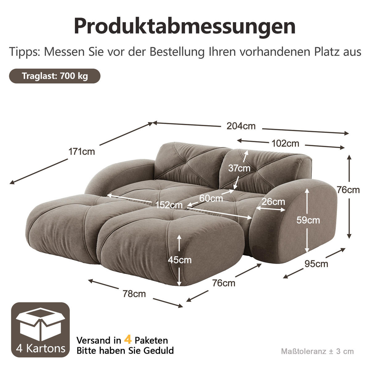 2-SITZER-SOFA DE-34276 mit 2 Hockern Taupe - Taupe, Textil (171/76/204cm) - ComfortXL