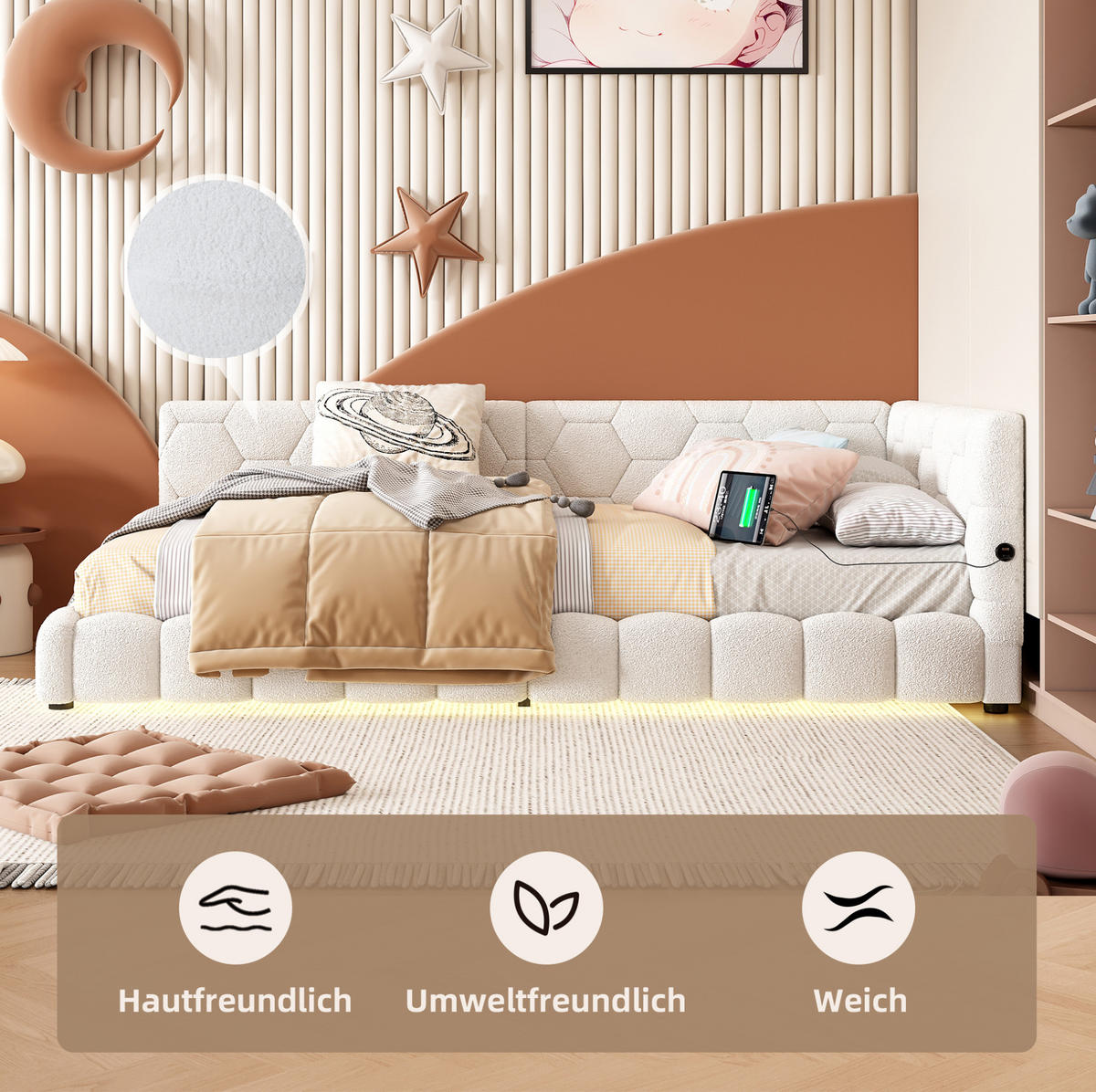 POLSTERBETT 90/200 cm Weiß aus Vliesimitat und MDF mit USB-Anschluss und Umgebungslicht - Weiß, Textil (90/200cm) - OKMYHOME