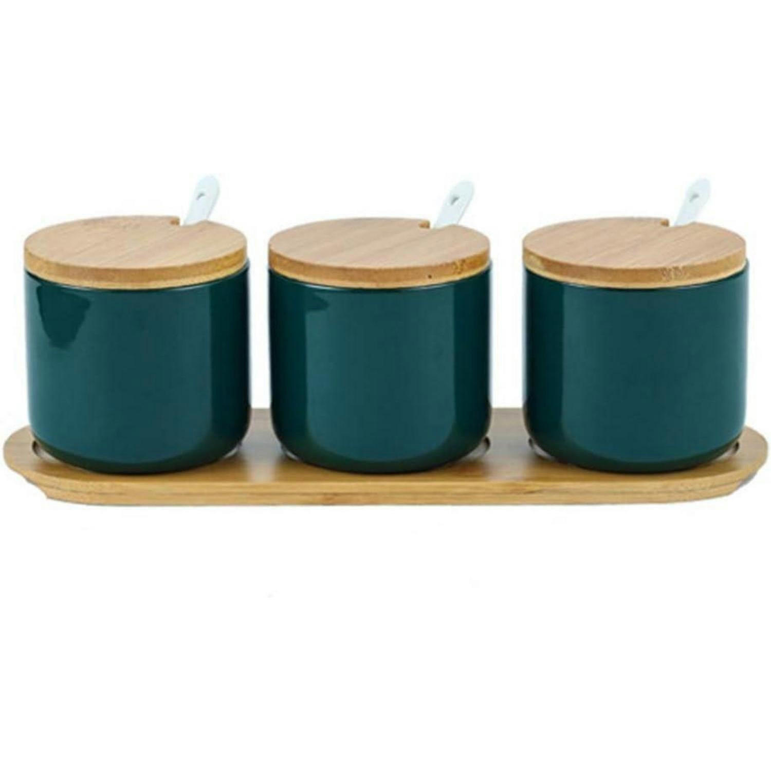 GEWÜRZGLÄSER 3er Set Keramik Grün mit Bambusdeckel und Löffel - Petrol, Keramik (8/10/8cm)