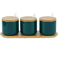 GEWÜRZGLÄSER 3er Set Keramik Grün mit Bambusdeckel und Löffel - Petrol, Keramik (8/10/8cm)