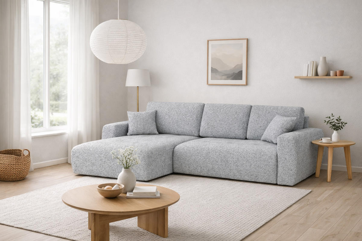 ECKSOFA Mit Schlaffunktion Und Bettkasten L-Form Ivo XL, Chenille-Stoff Artico, Cement, Links - Hellgrau, Holz (280/142cm) - Kaiser Möbel