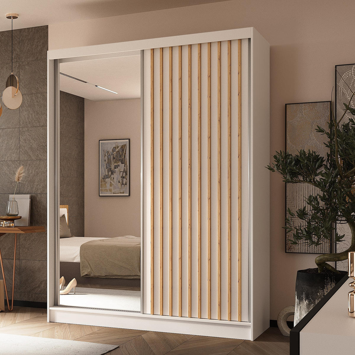 SCHWEBETÜRENSCHRANK LAMELLO 160/216/61 cm 2-türig mit Spiegel Weiß - Weiß, Holzwerkstoff (160/216/61cm) - MASSENO