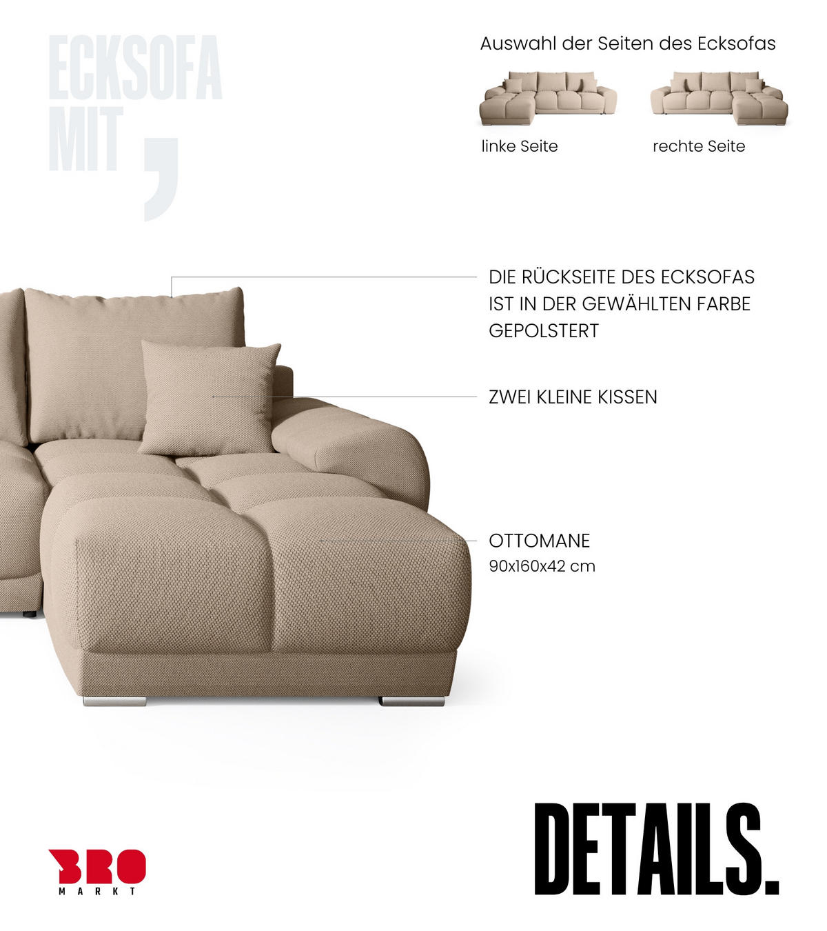 ECKSOFA Nubes mit Schlaffunktion Hellbraun - Hellbraun/Silberfarben, Kunststoff/Textil (290/180cm) - Bromarkt