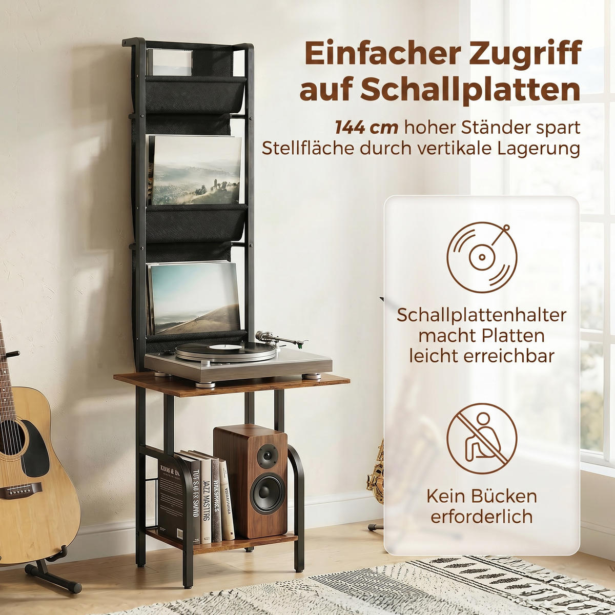 CD-REGAL Braun und Schwarz mit 3 Stofftaschen - Wildeiche, Metall (50/144/48.5cm) - PANGIVO