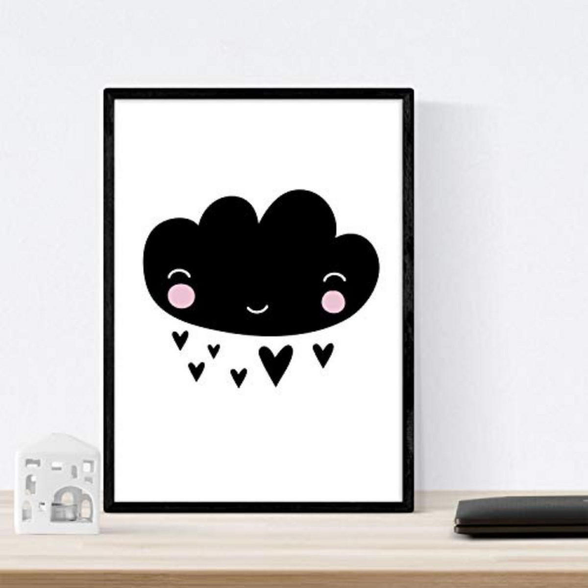 POSTER Set mit 4 von Cactus, Wal, Ananas und Wolke A3 Schwarzer Rahmen - Schwarz, Papier (29.7/3cm) - Nacnic