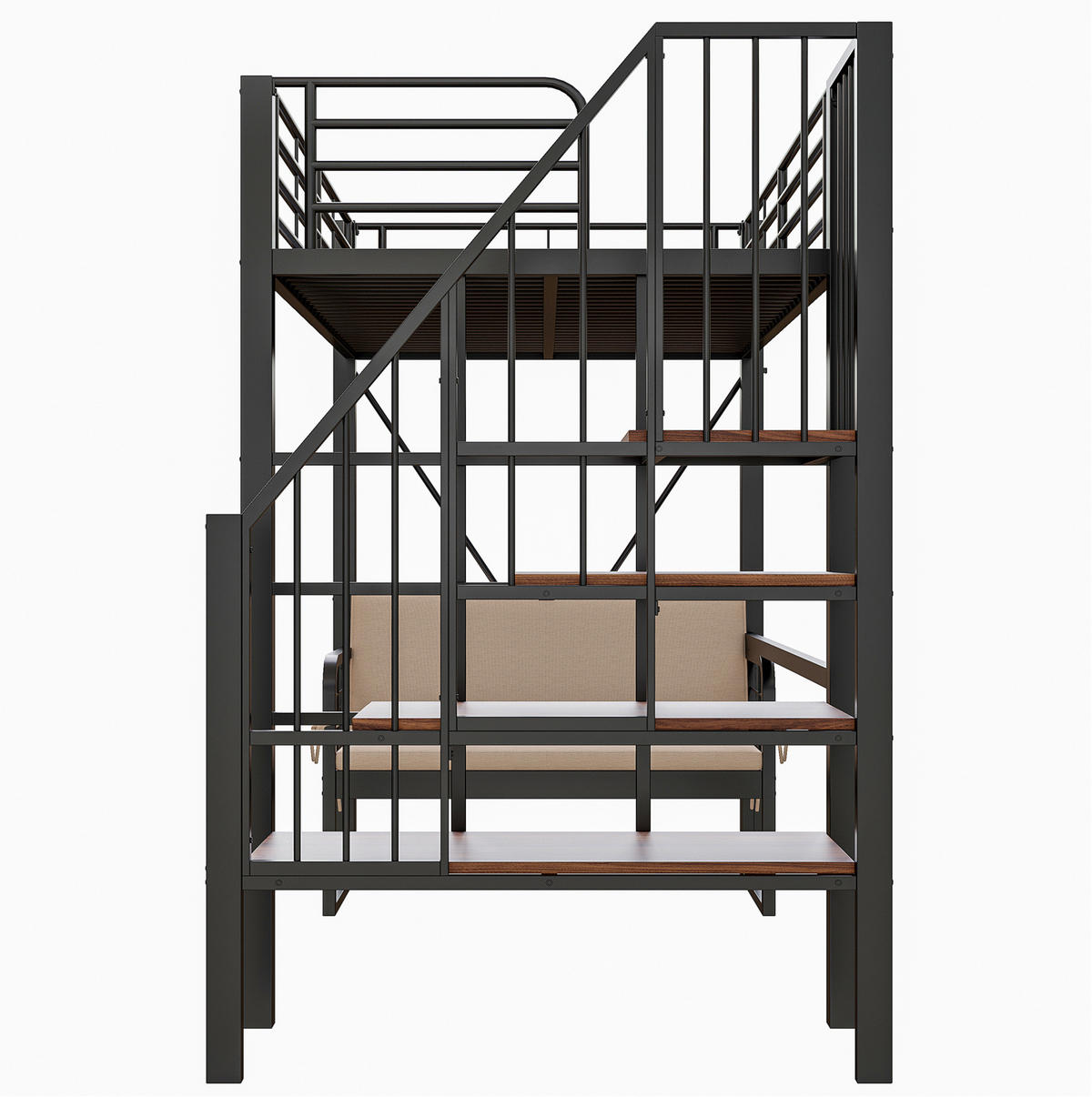ETAGENBETT 90/200 cm, Schwarz mit Stauraumleiter und Polstersofa - Schwarz, Metall (90/200cm) - MIVRAY