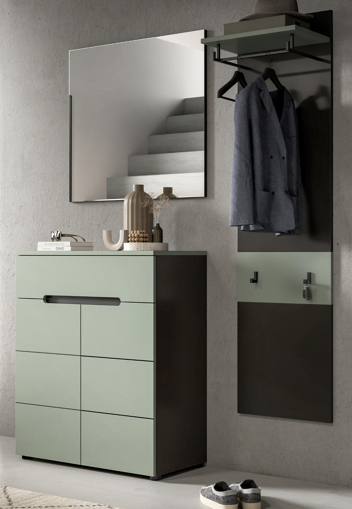 GARDEROBE-SET Salbei und Grau, Garderobe 4-teilig, 220 x 190 cm, Soft-Close, Cooper - Salbeigrün/Dunkelgrau, Holzwerkstoff/Kunststoff (220/190/37cm) - Inn.Furn