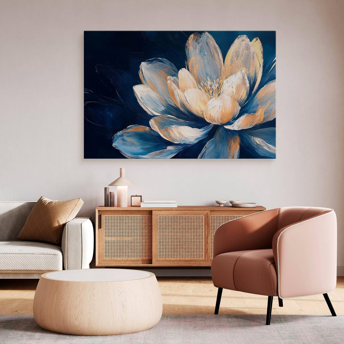 LEINWANDBILD für Schlafzimmer Blume Natur Malarei 100cm x 70cm - Blau/Beige, Textil (100/70cm) - Muralo