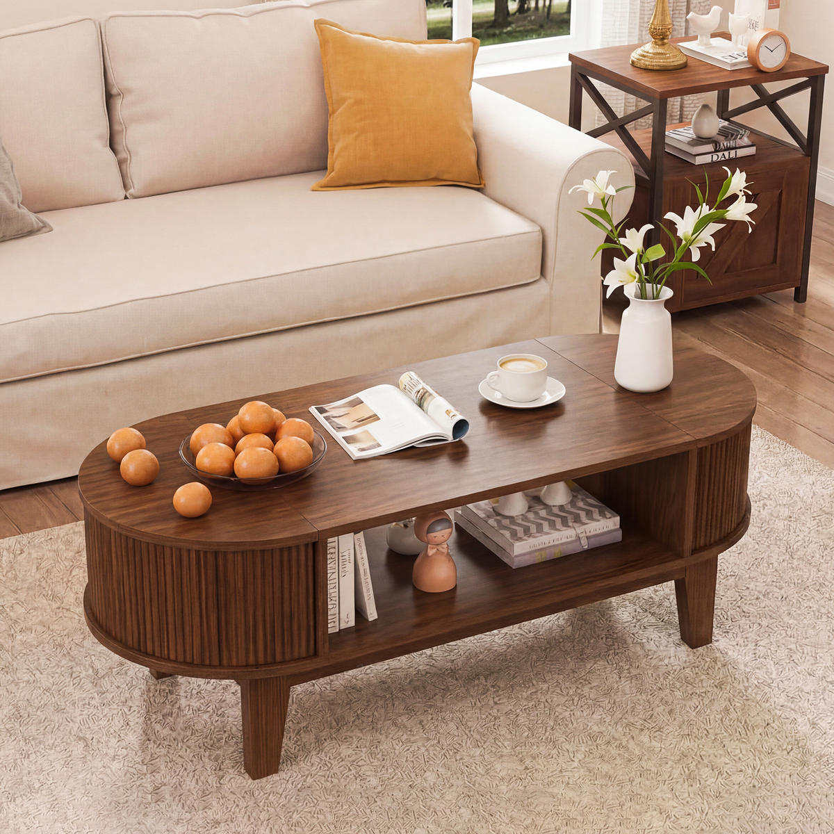 COUCHTISCH Nussbaum-Optik mit Klappdeckeln & Stauraum - Walnussfarben, Holz (100/50/50.4cm) - SHOPENTRA