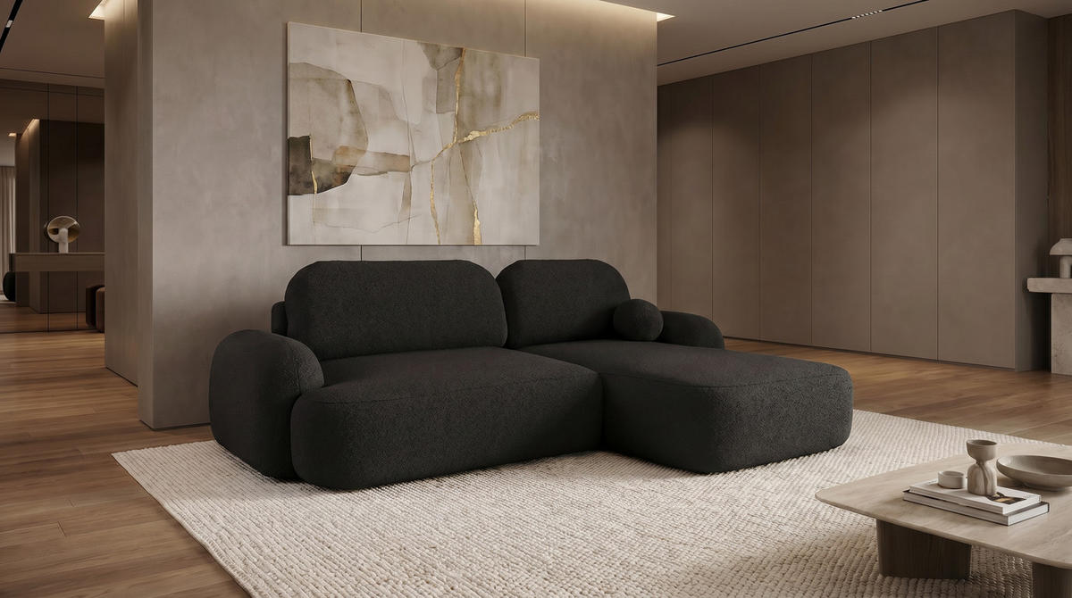 ECKSOFA MIVARO Schlaffsofa Boucle Schwarz (RECHTS) - Schwarz, Textil (276/176cm) - Luxkor24