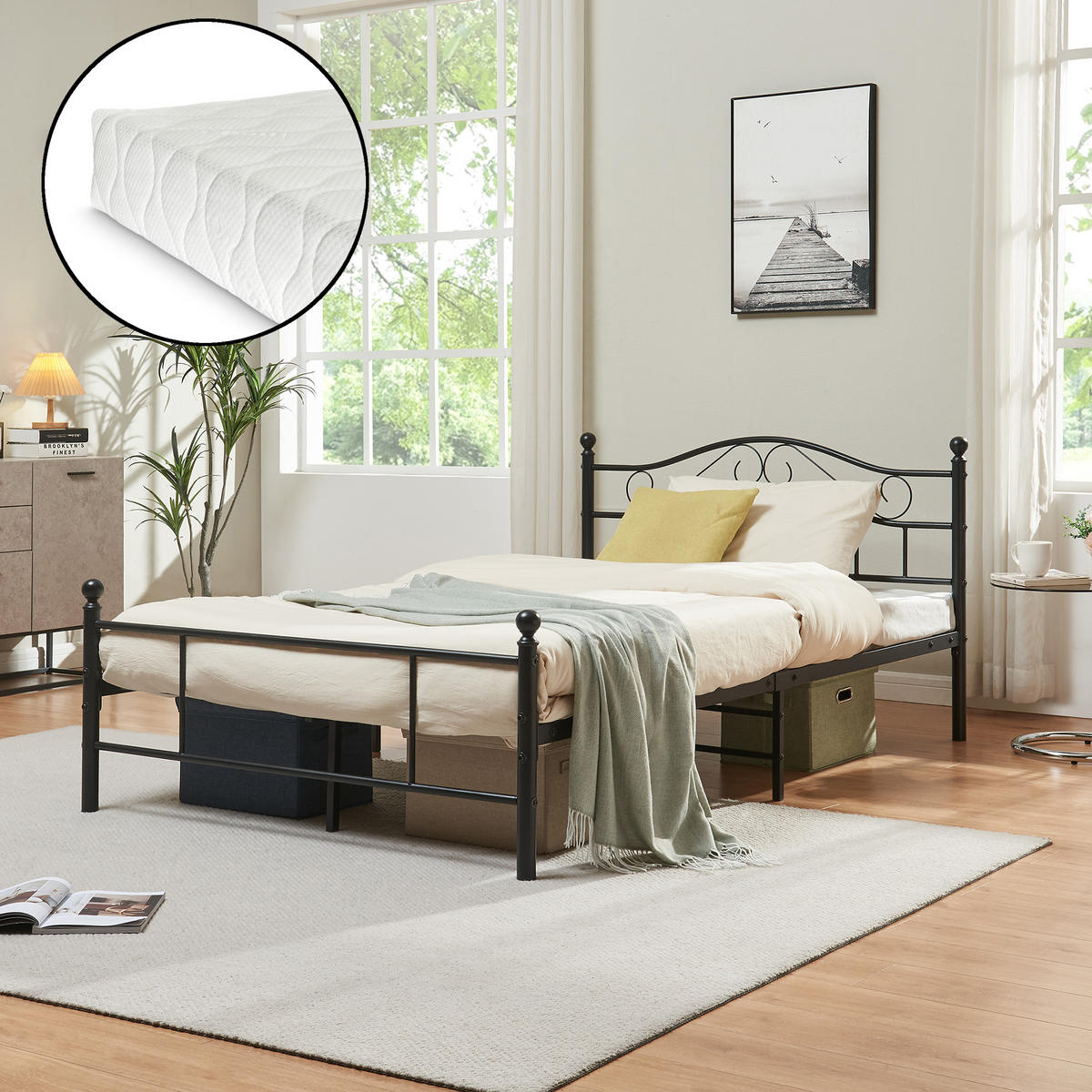 METALLBETT Florenz mit Matratze - Schwarz, Textil/Metall (120/200cm) - [en.casa]