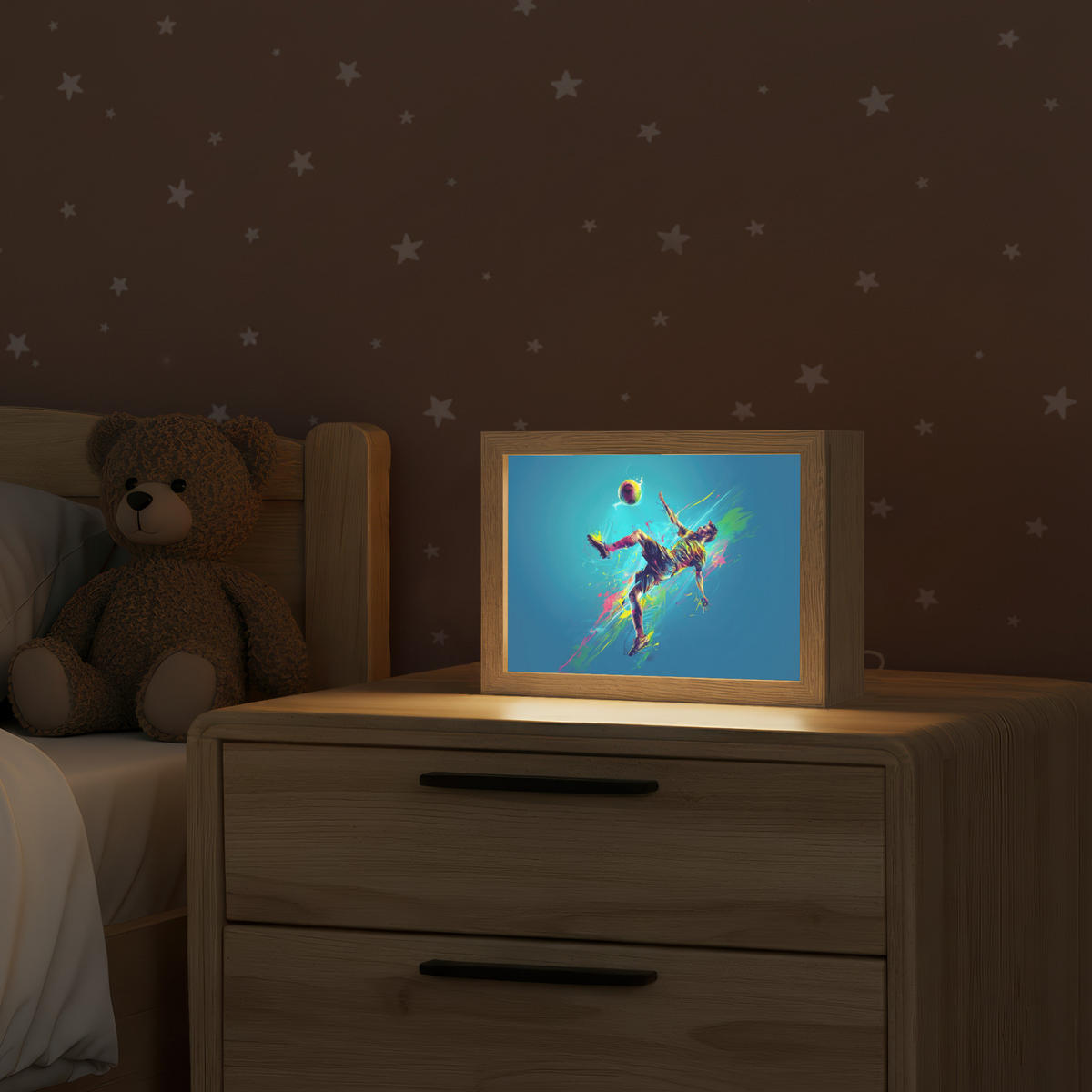 NACHTTISCHLAMPE Fußballer - Farbspritzer - Farbenfroh - Ball 20x15 cm - Blau, Holzwerkstoff (8/20/15cm)